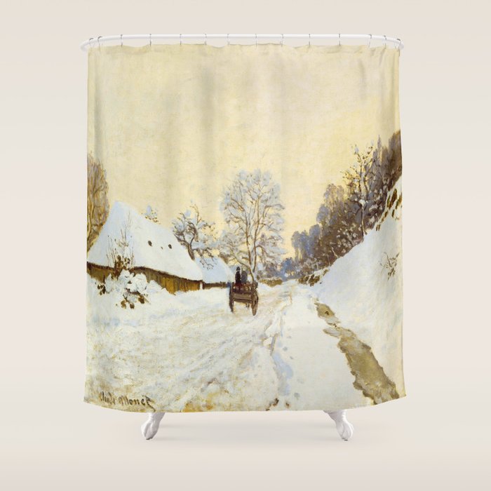 Claude Monet Impressionist Landscape Oil Painting A Cart on the Snowy Road at Honfleur Shower Curtain Gallery Image 1