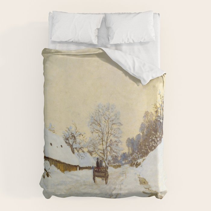 Claude Monet Impressionist Landscape Oil Painting A Cart on the Snowy Road at Honfleur Duvet Cover Gallery Image 6