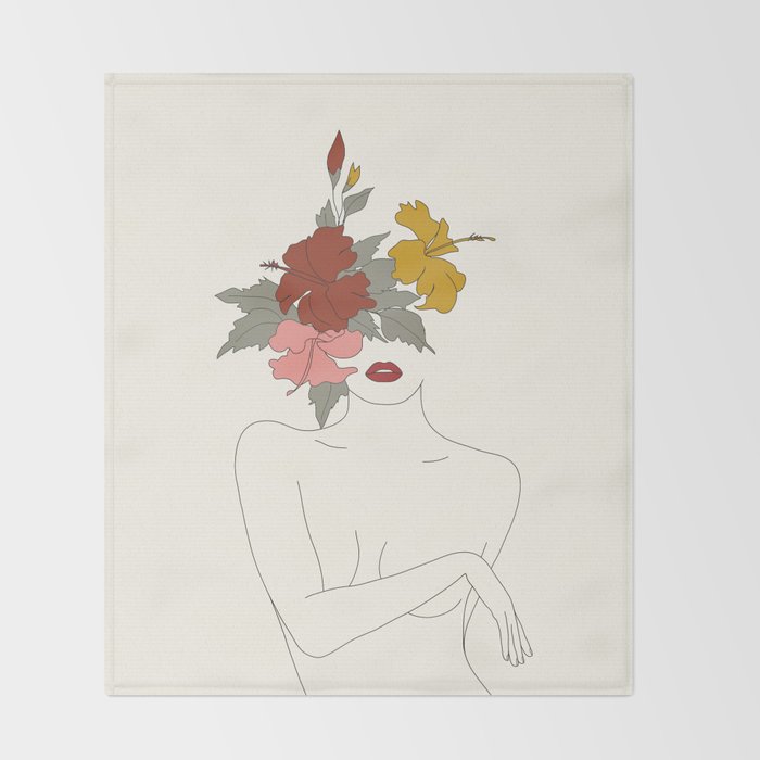 Colorful Thoughts Minimal Line Art Woman with Hibiscus Throw Blanket Gallery Image 2