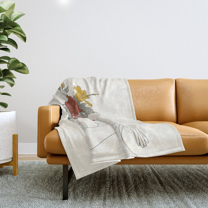 Colorful Thoughts Minimal Line Art Woman with Hibiscus Throw Blanket Gallery Image 1