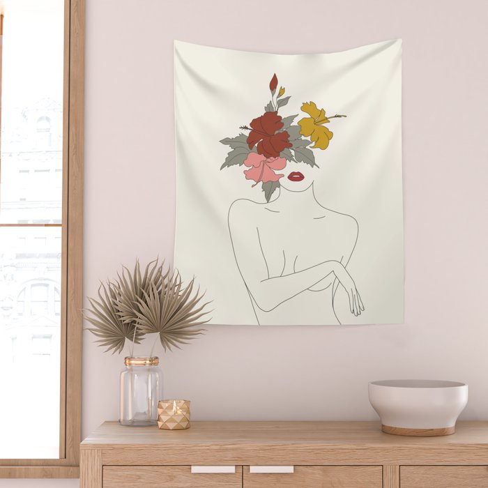 Colorful Thoughts Minimal Line Art Woman with Hibiscus Wall Tapestry Gallery Image 2