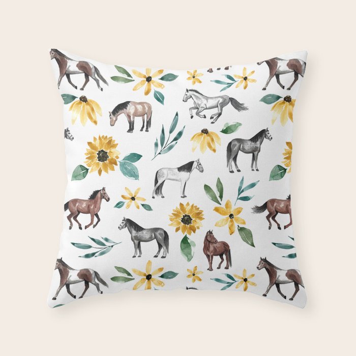 Horses and Sunflowers, Horse Art, Horse Decor, Yellow Flowers, Equestrian Art Throw Pillow Gallery Image 6