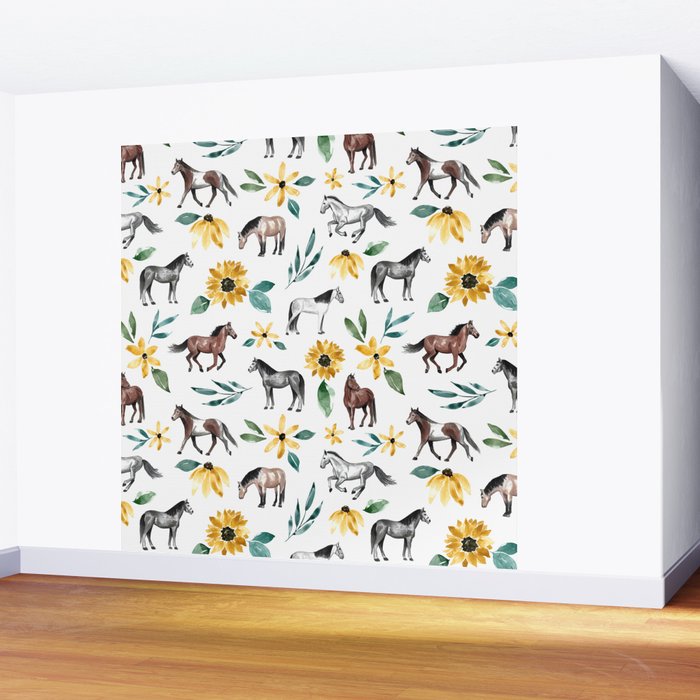 Horses and Sunflowers, Horse Art, Horse Decor, Yellow Flowers, Equestrian Art Wall Mural Gallery Image 2