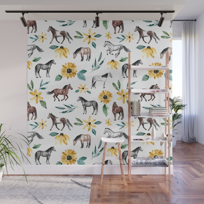 Horses and Sunflowers, Horse Art, Horse Decor, Yellow Flowers, Equestrian Art Wall Mural Gallery Image 1
