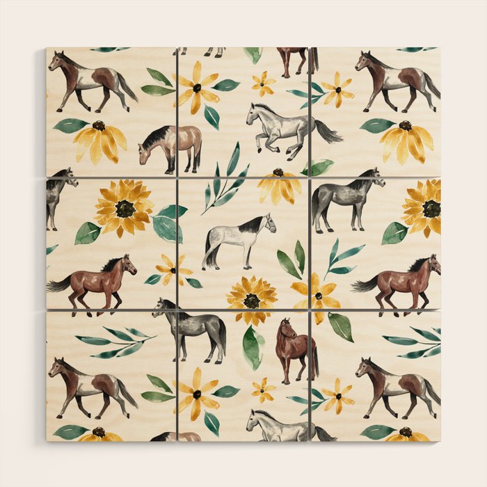 Horses and Sunflowers, Horse Art, Horse Decor, Yellow Flowers, Equestrian Art Wood Wall Art Gallery Image 1