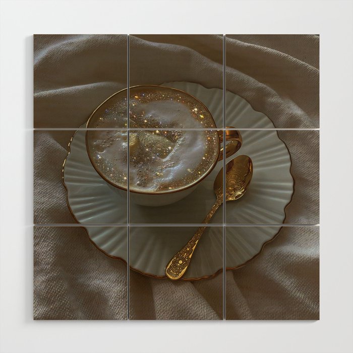 CAPPUCCINO FOR ANYONE? | coffee | morning | aesthetic | Parisian | gold | beige | collage | glitter  Wood Wall Art Gallery Image 1
