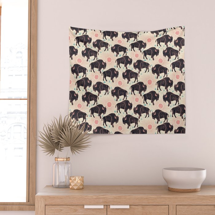 Bison - black, pink, teal, on cream Wall Tapestry Gallery Image 2