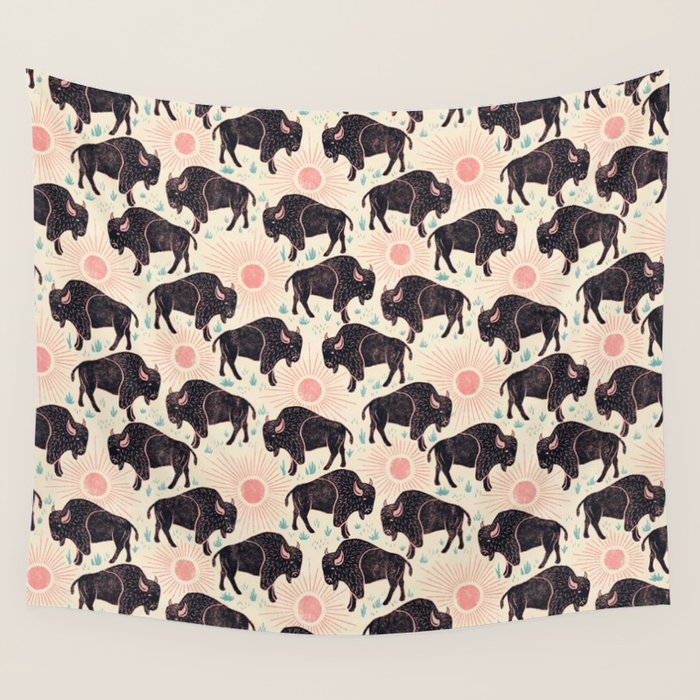 Bison - black, pink, teal, on cream Wall Tapestry Gallery Image 4