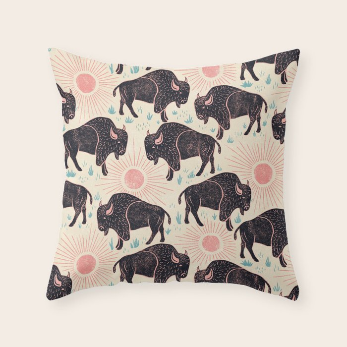 Bison - black, pink, teal, on cream Throw Pillow Gallery Image 6