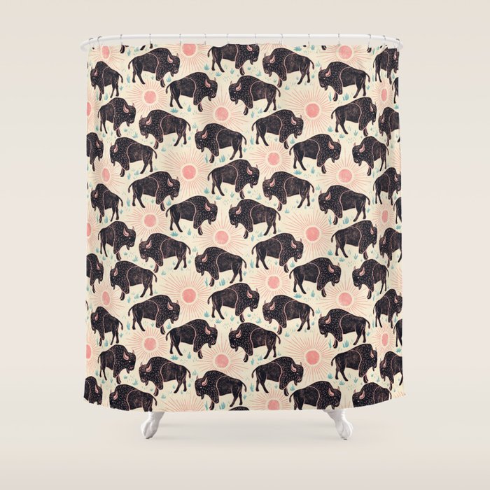 Bison - black, pink, teal, on cream Shower Curtain Gallery Image 1
