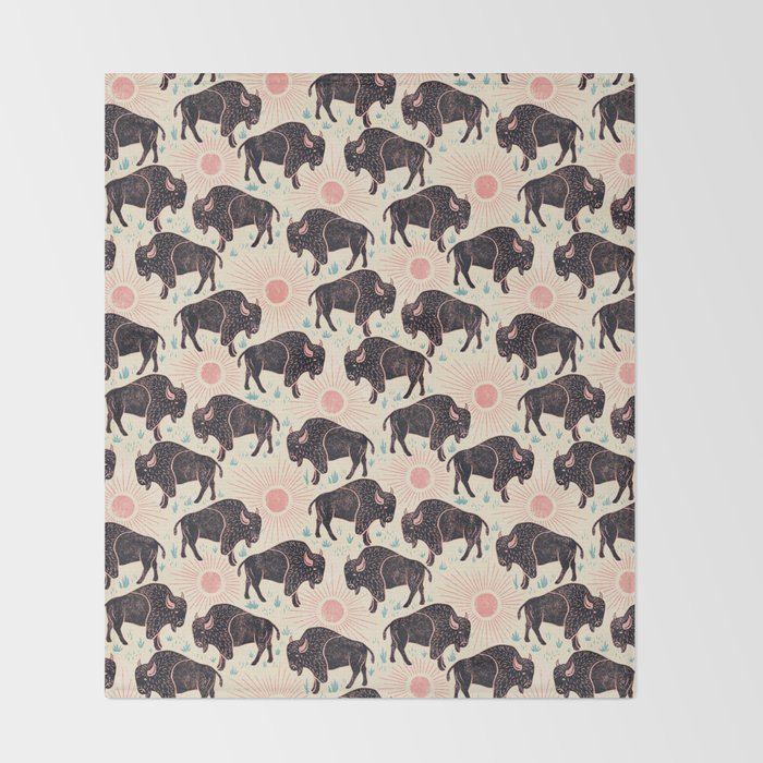 Bison - black, pink, teal, on cream Throw Blanket Gallery Image 2