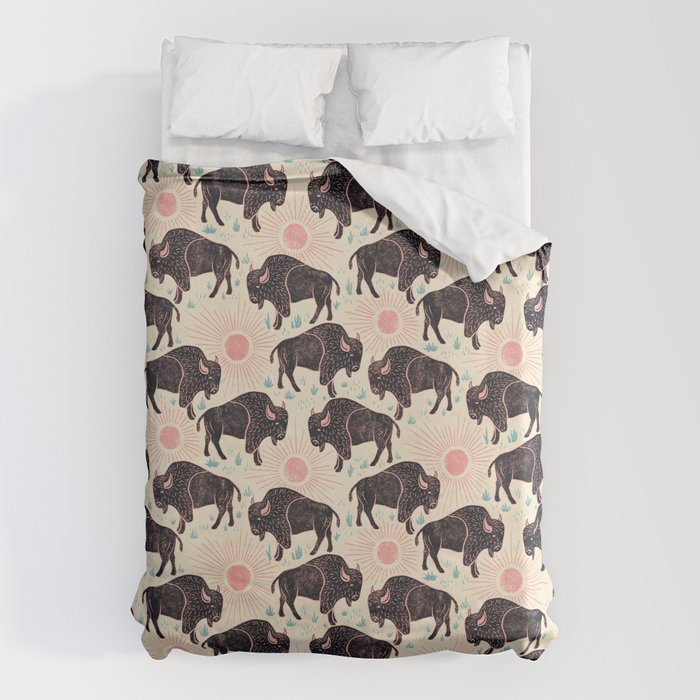 Bison - black, pink, teal, on cream Duvet Cover Gallery Image 6