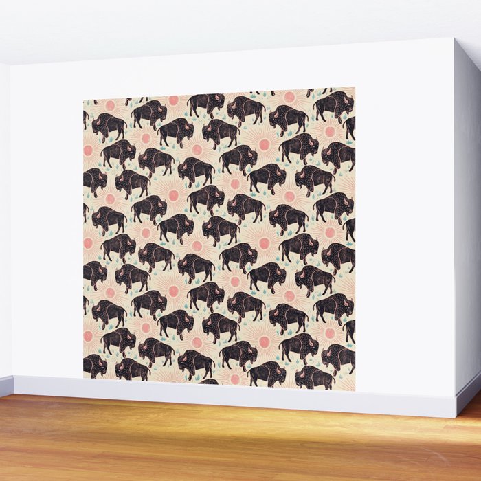 Bison - black, pink, teal, on cream Wall Mural Gallery Image 2