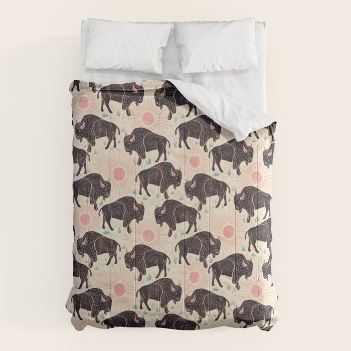 Bison - black, pink, teal, on cream Comforter Gallery Image 6