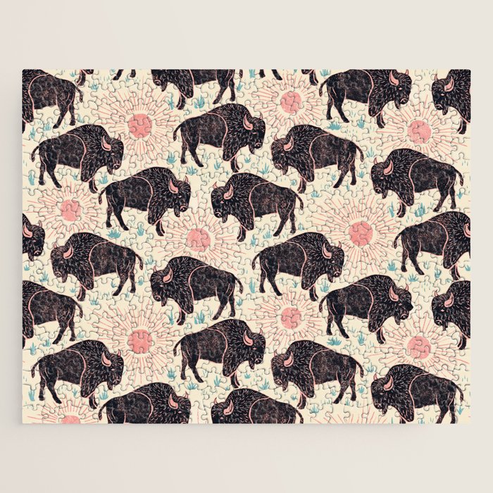 Bison - black, pink, teal, on cream Jigsaw Puzzle Gallery Image 1