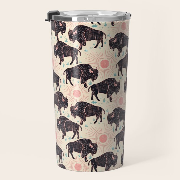 Bison - black, pink, teal, on cream Travel Mug Gallery Image 3