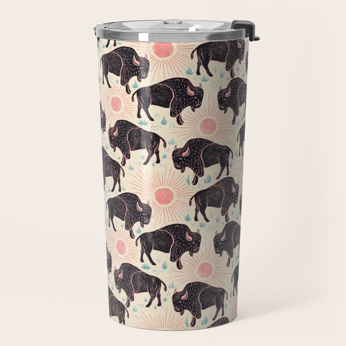 Bison - black, pink, teal, on cream Travel Mug Gallery Image 2