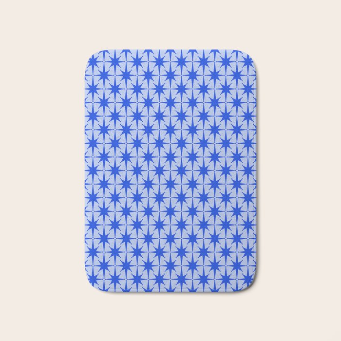 Mid Century Modern Atomic Stars Retro Starburst Pattern 2 in Royal Blue and Light Blue Bath Mat Gallery Image 1
