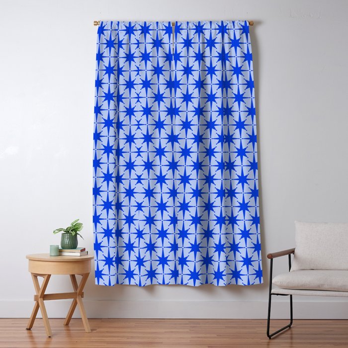 Mid Century Modern Atomic Stars Retro Starburst Pattern 2 in Royal Blue and Light Blue Window Curtain Gallery Image 5