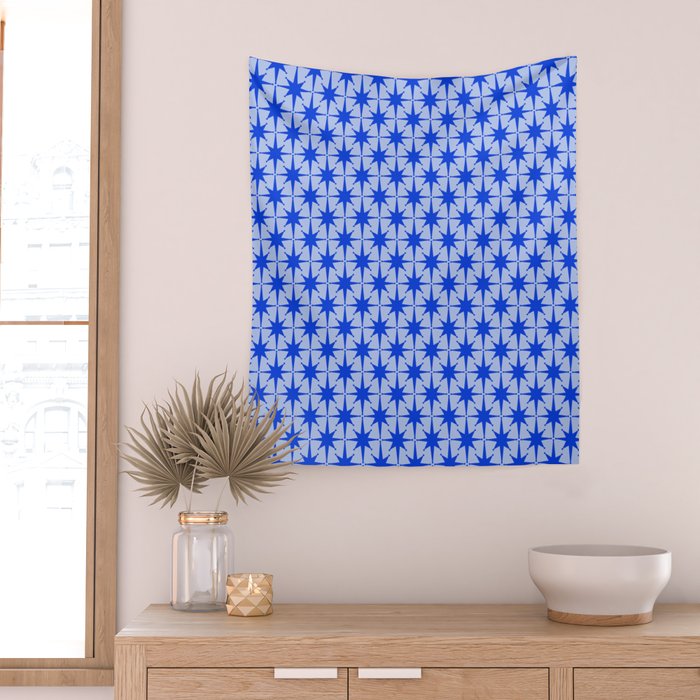 Mid Century Modern Atomic Stars Retro Starburst Pattern 2 in Royal Blue and Light Blue Wall Tapestry Gallery Image 2