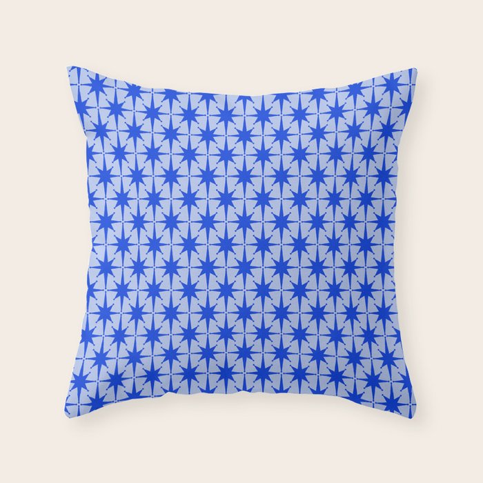 Mid Century Modern Atomic Stars Retro Starburst Pattern 2 in Royal Blue and Light Blue Throw Pillow Gallery Image 6