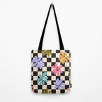 Black and White Checkered - Retro Rainbow Daisies  Tote Bag Gallery Image 2