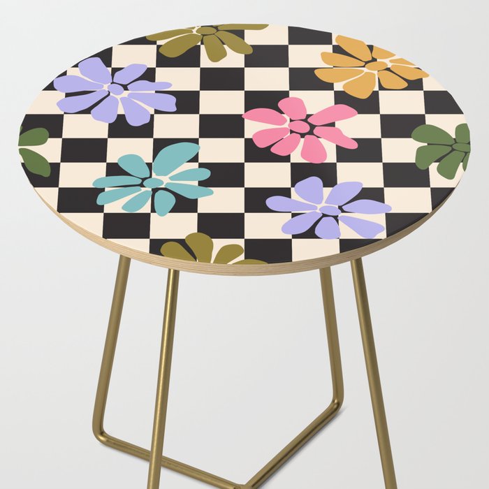 Black and White Checkered - Retro Rainbow Daisies  Side Table Gallery Image 2