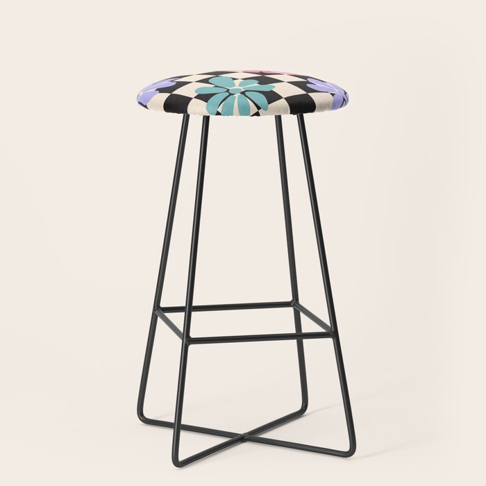 Black and White Checkered - Retro Rainbow Daisies  Stool Gallery Image 1