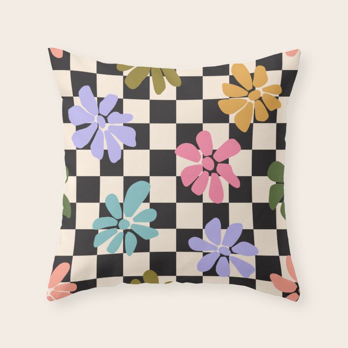 Black and White Checkered - Retro Rainbow Daisies  Throw Pillow Gallery Image 6