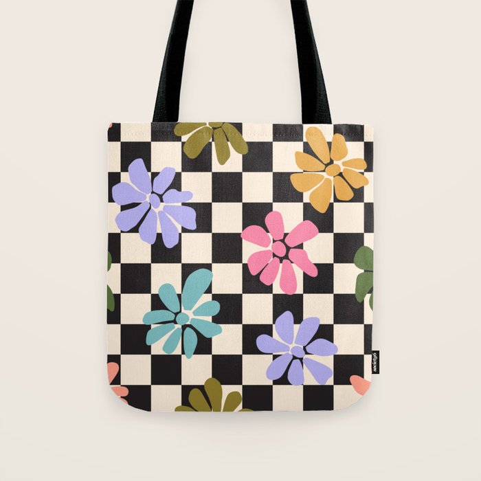 Black and White Checkered - Retro Rainbow Daisies  Tote Bag Gallery Image 1
