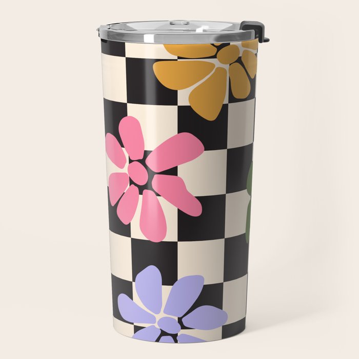 Black and White Checkered - Retro Rainbow Daisies  Travel Mug Gallery Image 2