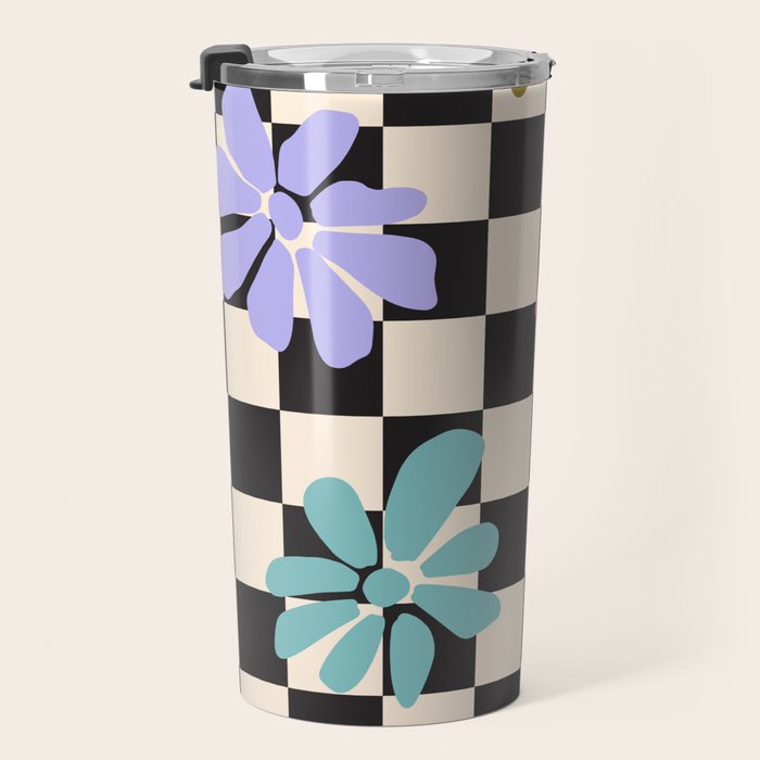 Black and White Checkered - Retro Rainbow Daisies  Travel Mug Gallery Image 3