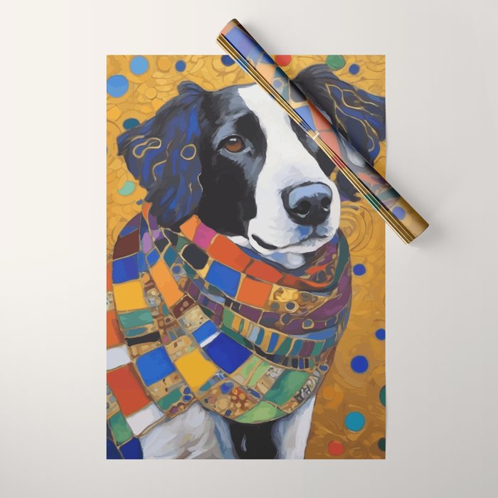 Gustav Klimt Style Dog with Colorful Scarf Wrapping Paper Gallery Image 1
