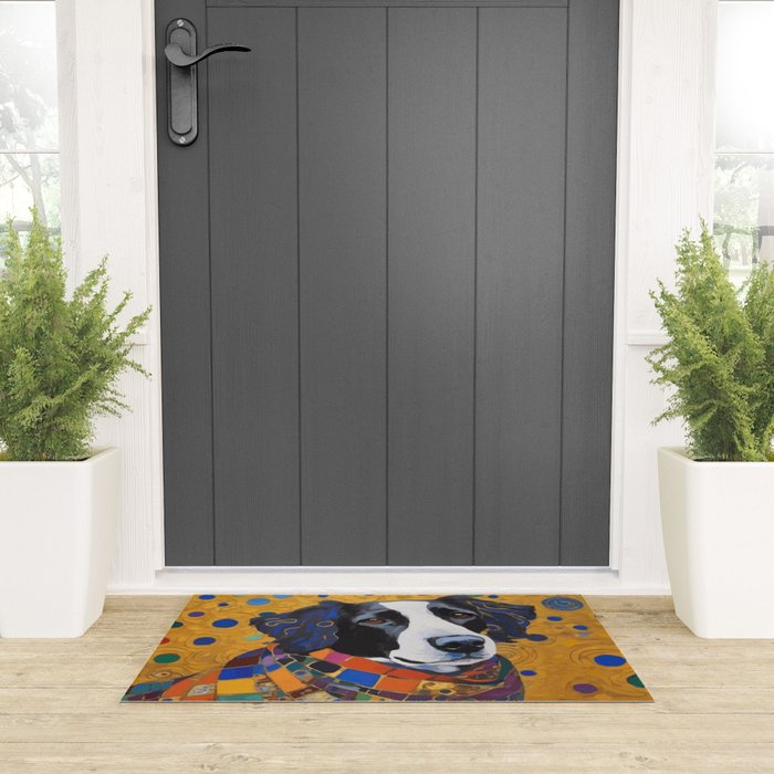 Gustav Klimt Style Dog with Colorful Scarf Welcome Mat Gallery Image 3
