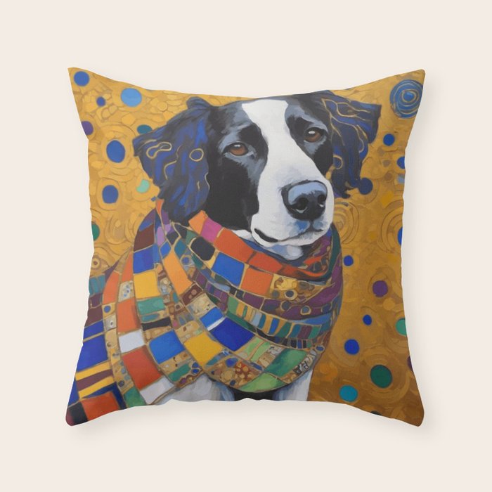 Gustav Klimt Style Dog with Colorful Scarf Throw Pillow Gallery Image 6