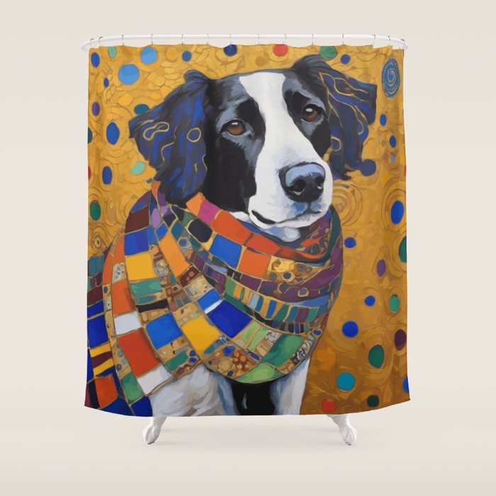 Gustav Klimt Style Dog with Colorful Scarf Shower Curtain Gallery Image 1