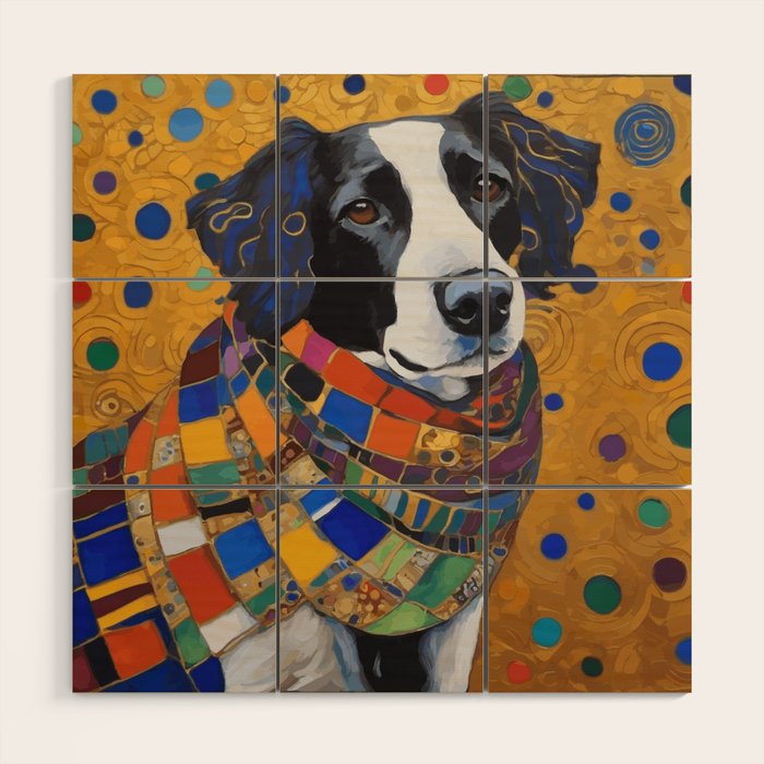 Gustav Klimt Style Dog with Colorful Scarf Wood Wall Art Gallery Image 1