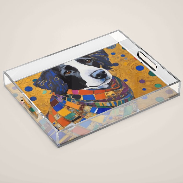 Gustav Klimt Style Dog with Colorful Scarf Acrylic Tray Gallery Image 1