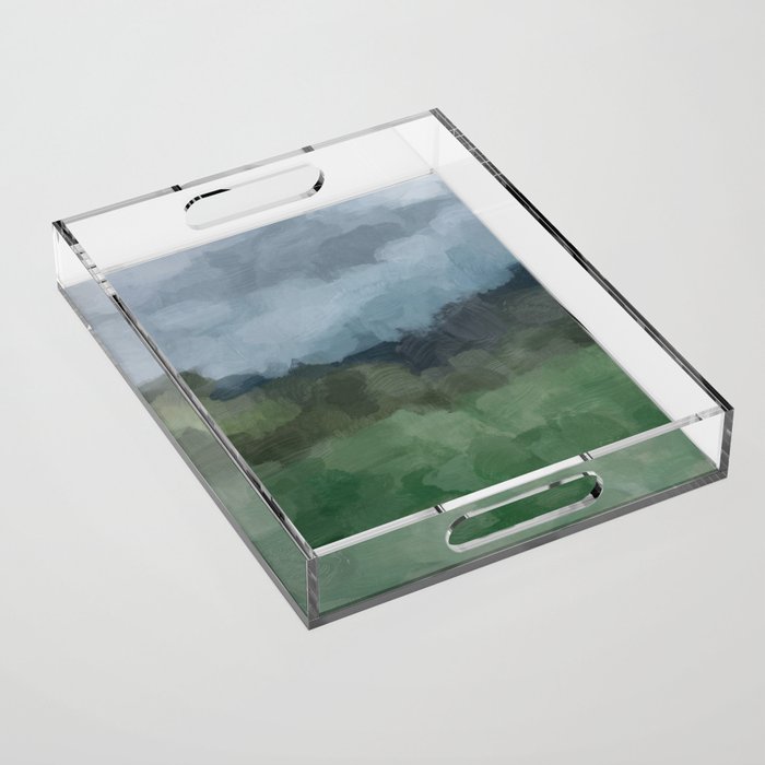 Storm in the Forest - Blue Gray Clouds Grass Green Abstract Nature Rustic Painting Art Printr  Acrylic Tray Gallery Image 1