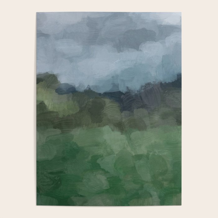 Storm in the Forest - Blue Gray Clouds Grass Green Abstract Nature Rustic Painting Art Printr  Poster Gallery Image 1