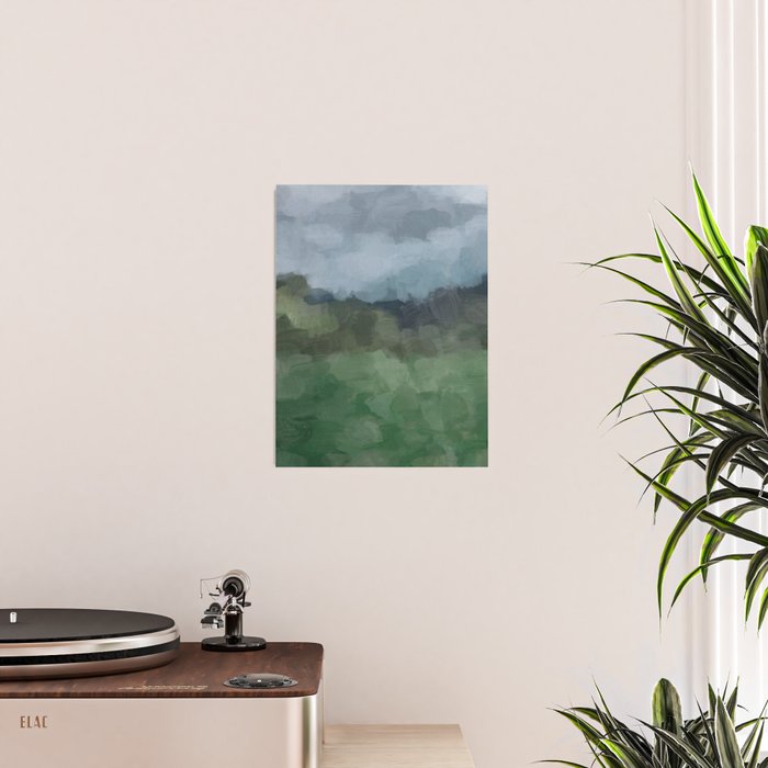 Storm in the Forest - Blue Gray Clouds Grass Green Abstract Nature Rustic Painting Art Printr  Poster Gallery Image 2