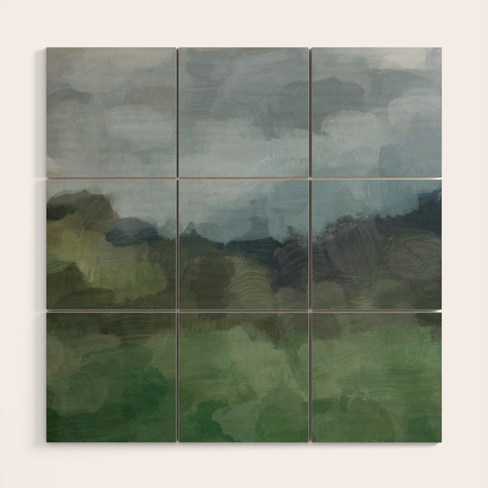 Storm in the Forest - Blue Gray Clouds Grass Green Abstract Nature Rustic Painting Art Printr  Wood Wall Art Gallery Image 1