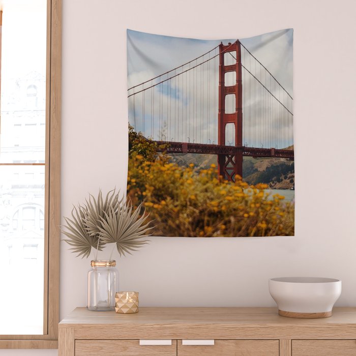 Golden Gate Bridge Through Wildflowers Wall Tapestry Gallery Image 2