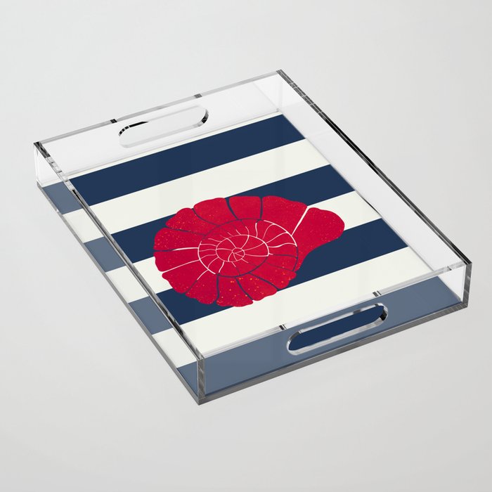 Red nautilus shell and navy stripes Acrylic Tray Gallery Image 1