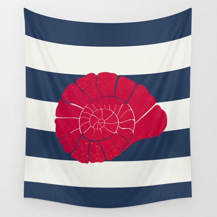 Red nautilus shell and navy stripes Wall Tapestry Gallery Image 1