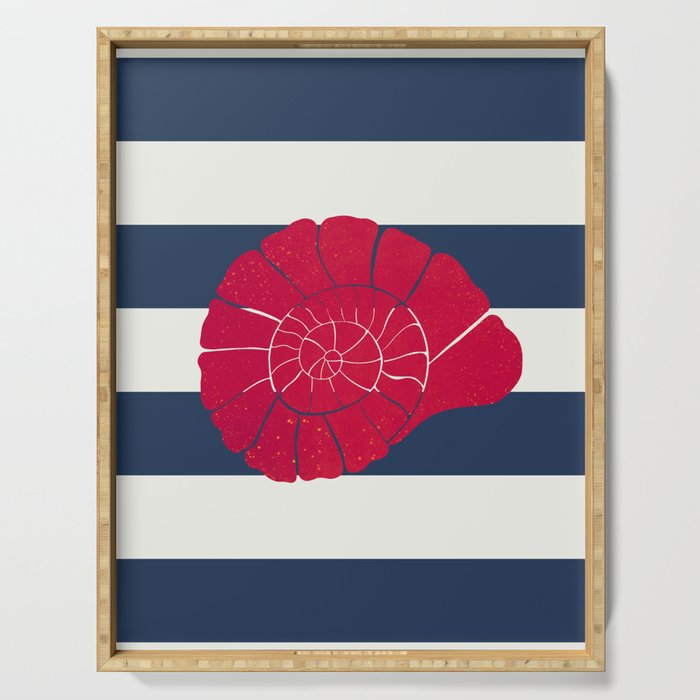Red nautilus shell and navy stripes Serving Tray Gallery Image 1