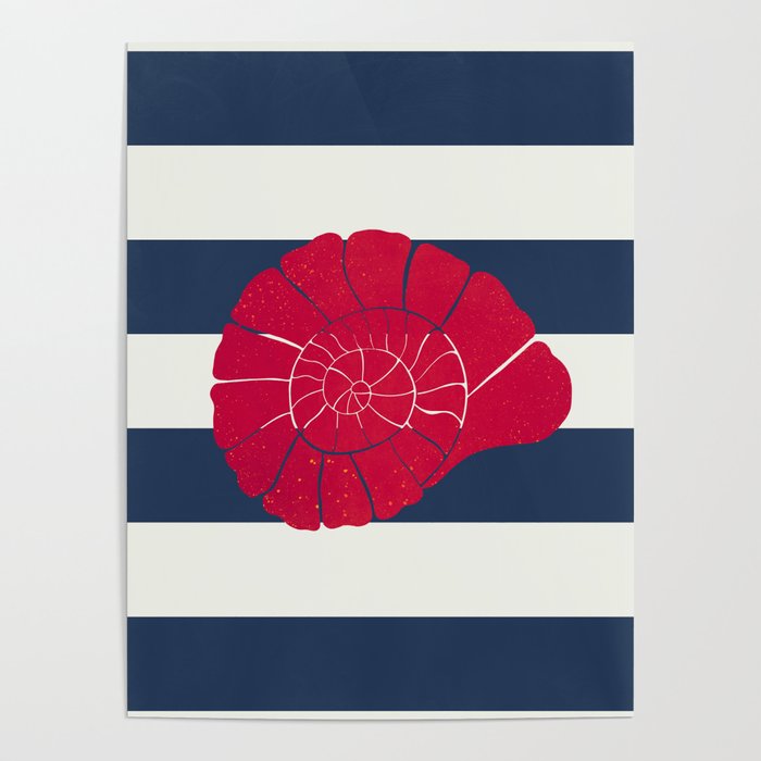 Red nautilus shell and navy stripes Poster Gallery Image 4