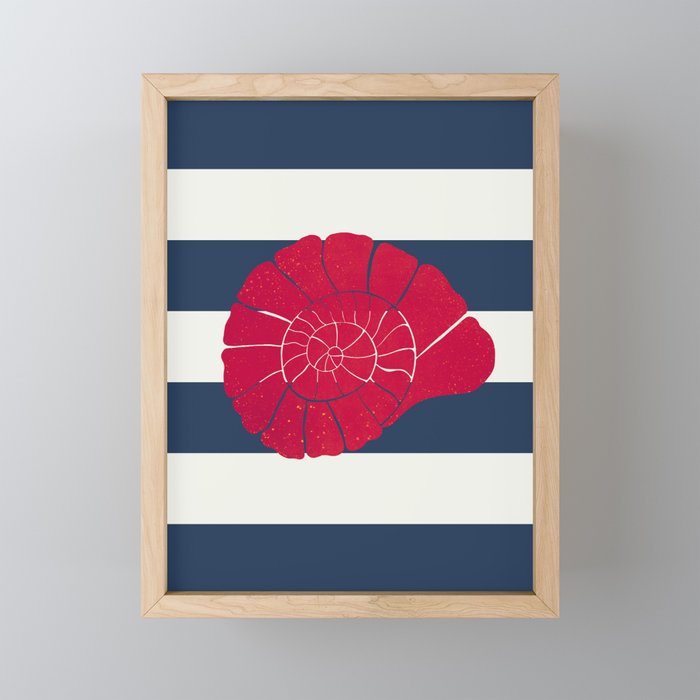 Red nautilus shell and navy stripes Mini Art Print Gallery Image 1
