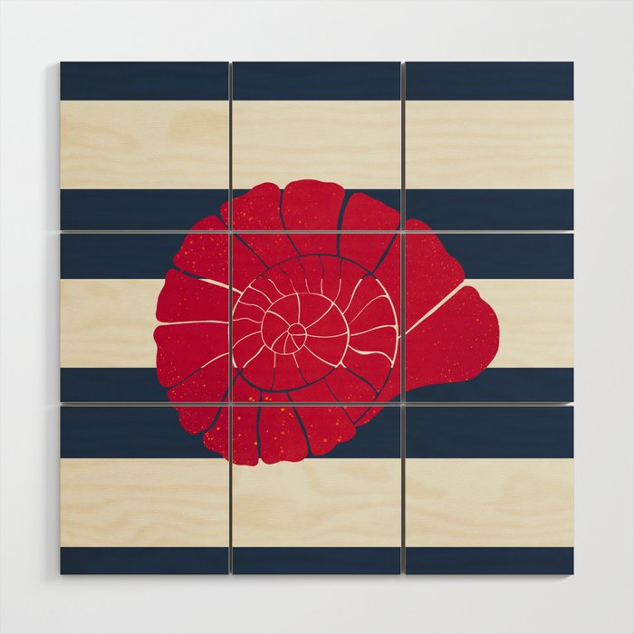 Red nautilus shell and navy stripes Wood Wall Art Gallery Image 1