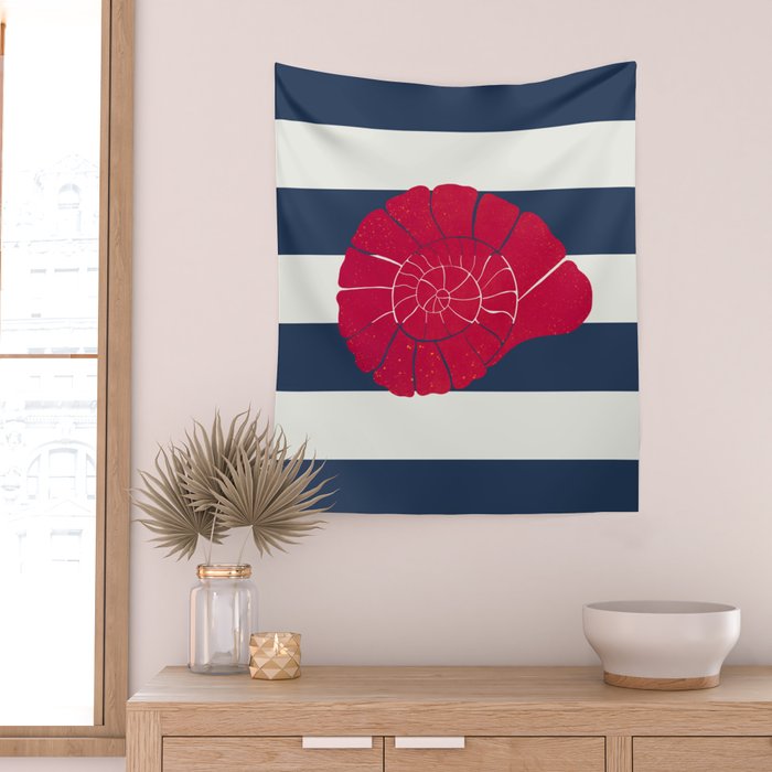 Red nautilus shell and navy stripes Wall Tapestry Gallery Image 2